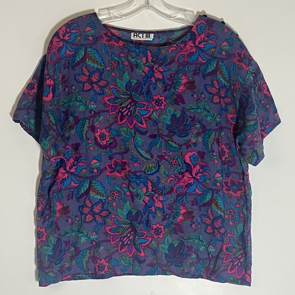 Vintage ACT‎ III Top Womens XL Blue Multicolor Floral Short Sleeve Art Colorful